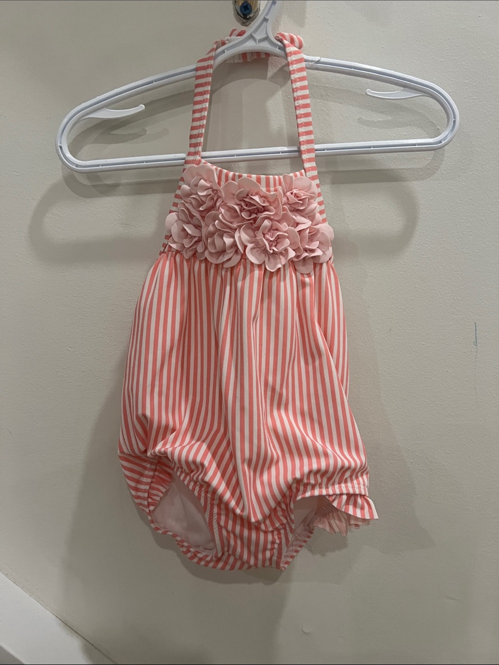 Janie and Jack Pink Striped Floral-Trim One-Piece Swimsuit